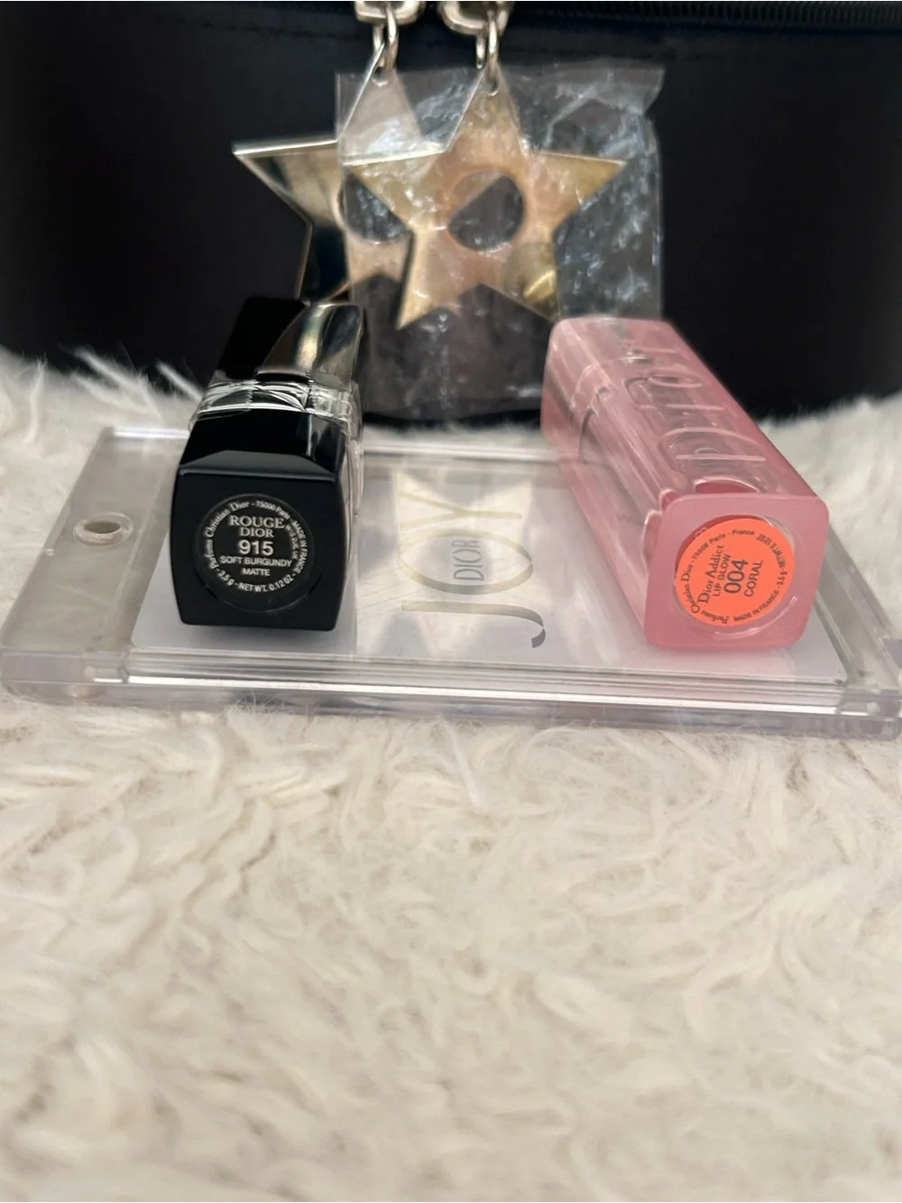 Dior Beauty Cosmetic Case w/ 915 Soft Burgundy & Lip Glow 004 Coral & JOY Card - Picture 5 of 6